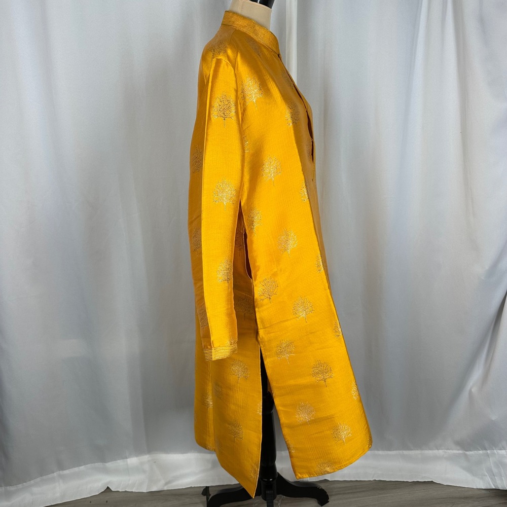 Mens Mustard Yellow Gold Tree Embroidered Kurta Tunic Mandarin Collar Size 44 - Picture 4 of 15